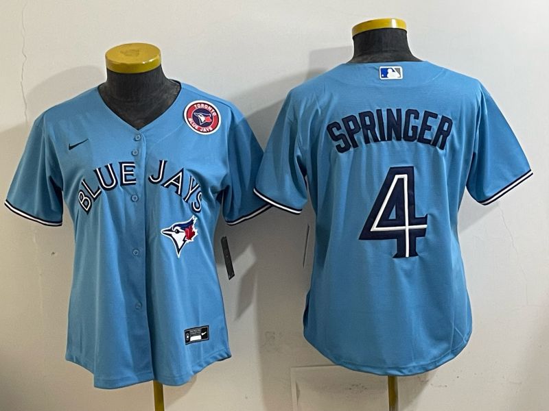 Women 2025 Toronto Blue Jays #4 Springer  Light blue Game Nike MLB Jersey style 005->women mlb jersey->Women Jersey
